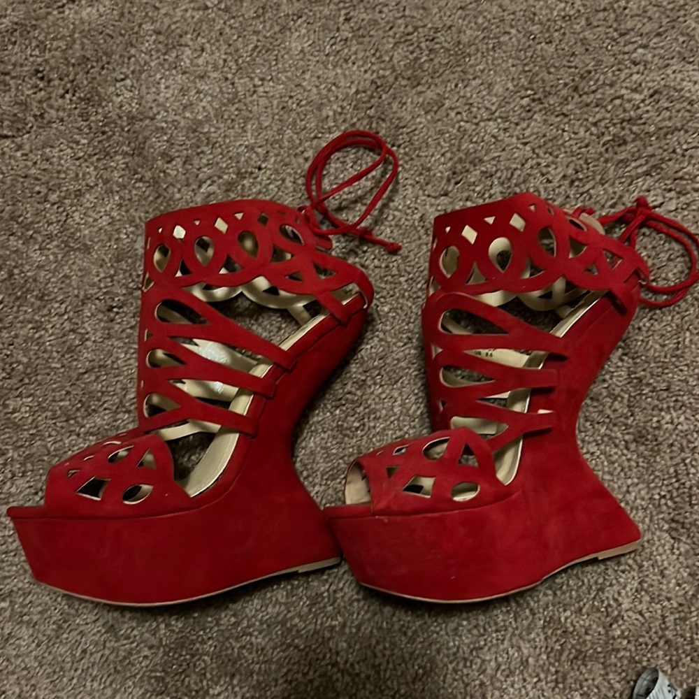 Scene Red Lacy Wedge Heels.